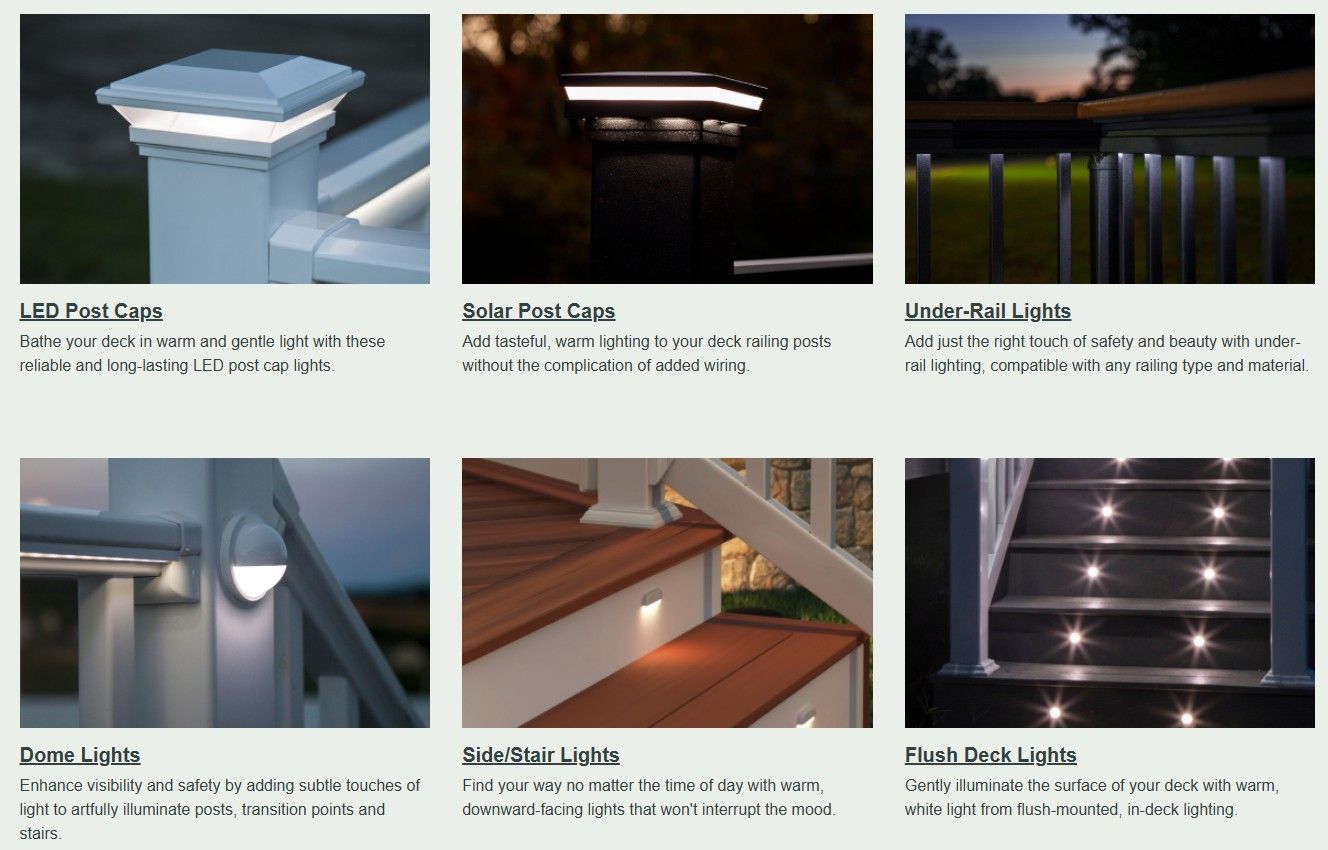Lighting product catalog collage showing deck, post cap, path, and step lights at dusk