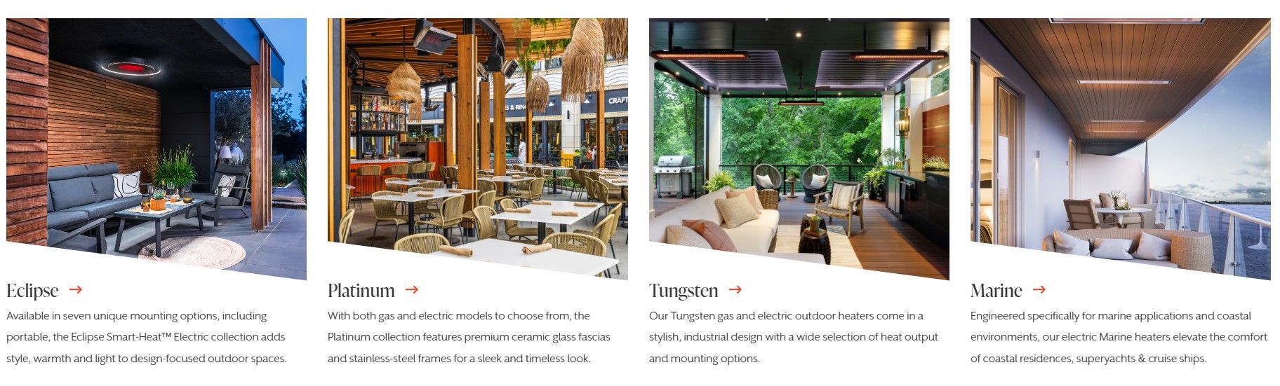 Four side-by-side photos of modern outdoor café seating with wood, glass, and greenery.