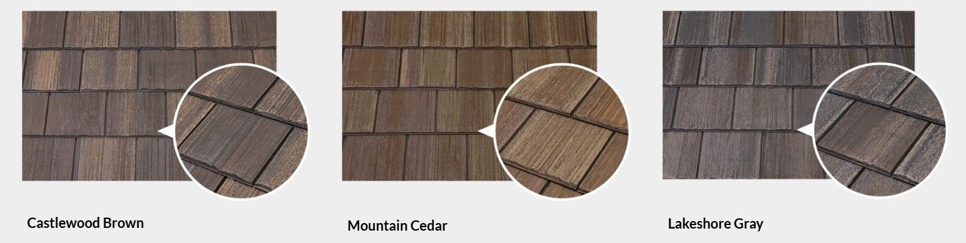 Three close-up masonry pattern samples with circular stone overlays and small labels below.