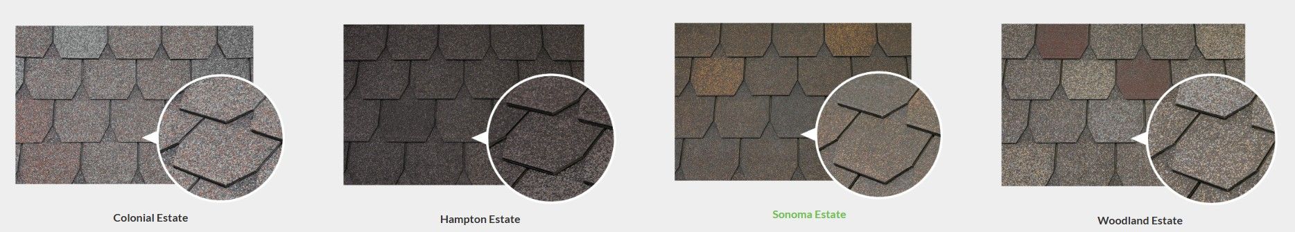 Four stone tile samples showing different gray, brown, and beige textures.