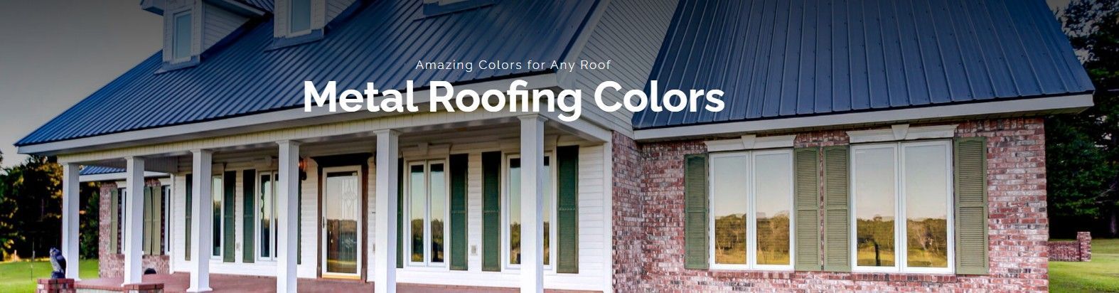 House with dark blue metal roof and brick exterior, overlaid with the text “Metal Roofing Colors”