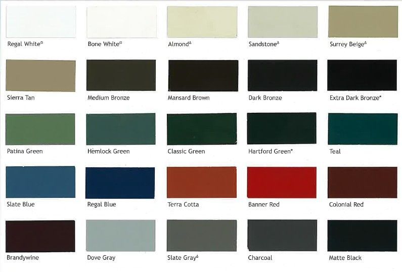 Color palette chart with labeled rectangular swatches in beige, gray, green, teal, maroon, and black tones