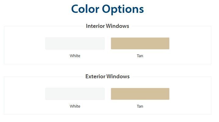 Color options chart showing interior and exterior window finishes in white or tan.