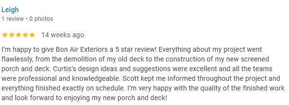 Screenshot of a 5-star review praising a newly decked screened porch and professional crew