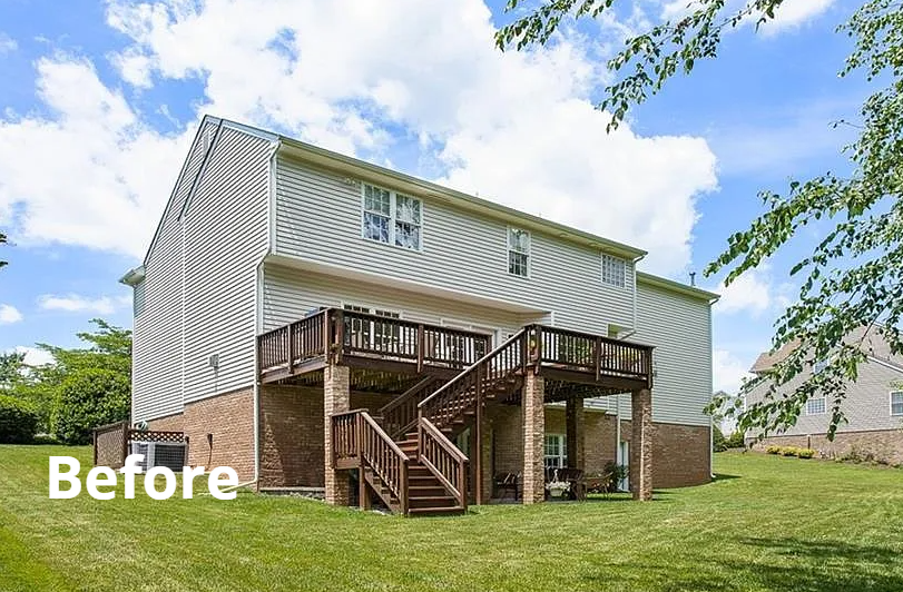 Two-story beige house with a wooden deck and stairs in a grassy yard, labeled “Before”