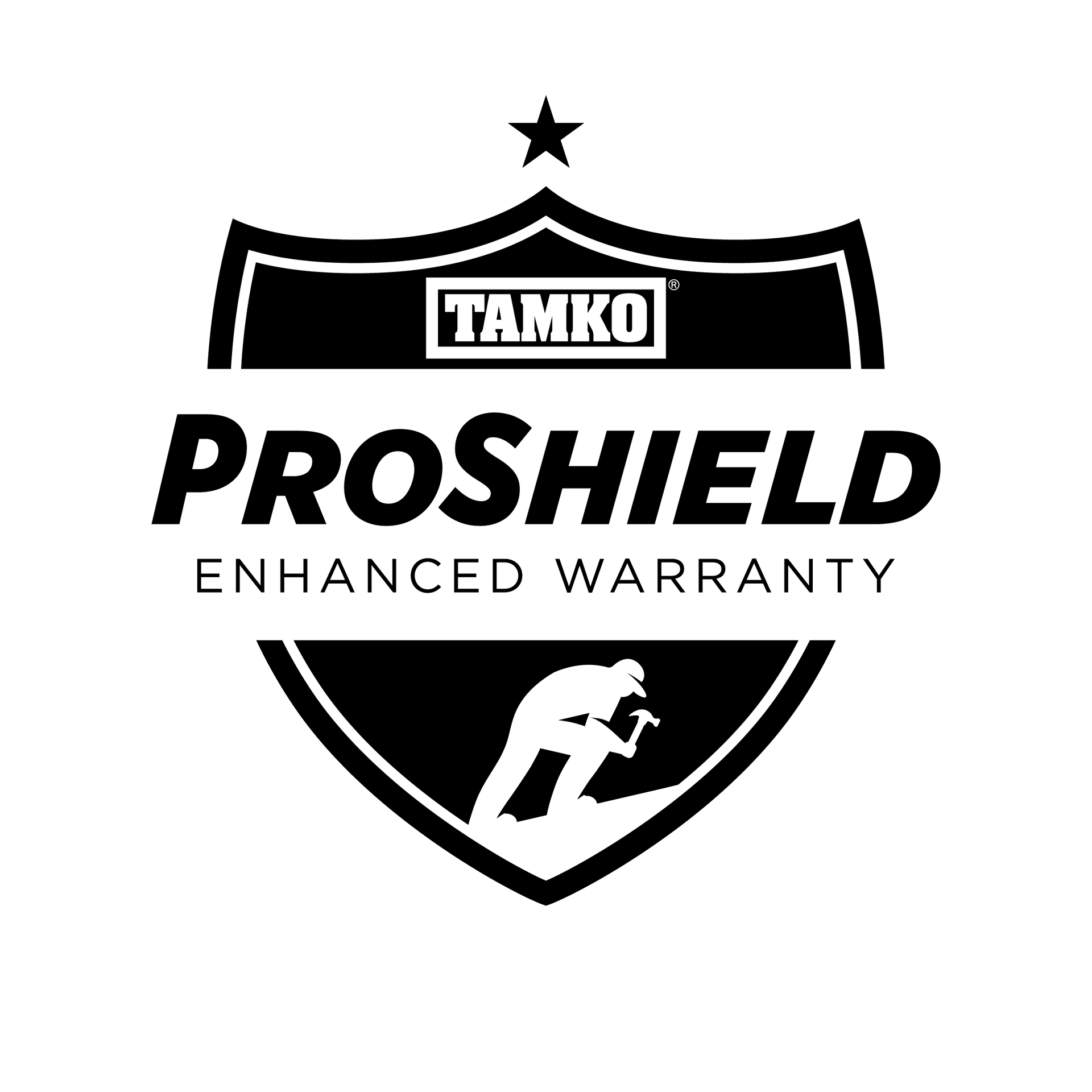 TAMKO ProShield enhanced warranty logo in black and white with shield icon and star