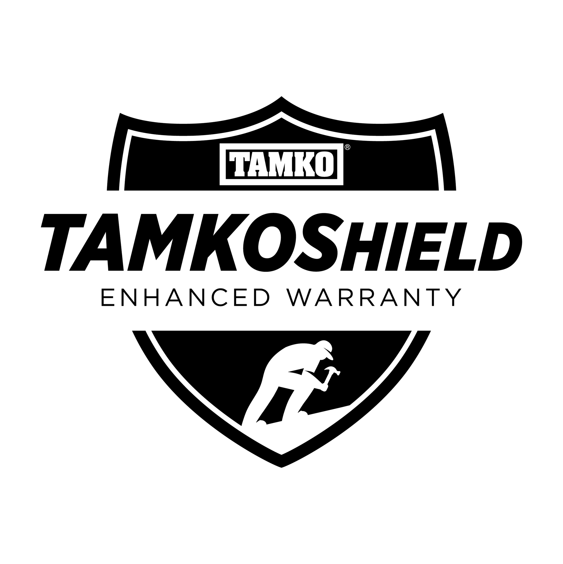 TAMKOSHIELD logo with shield icon and “Enhanced Warranty” text in black and white