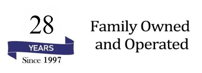 28 years since 1997 badge beside “Family Owned and Operated” text