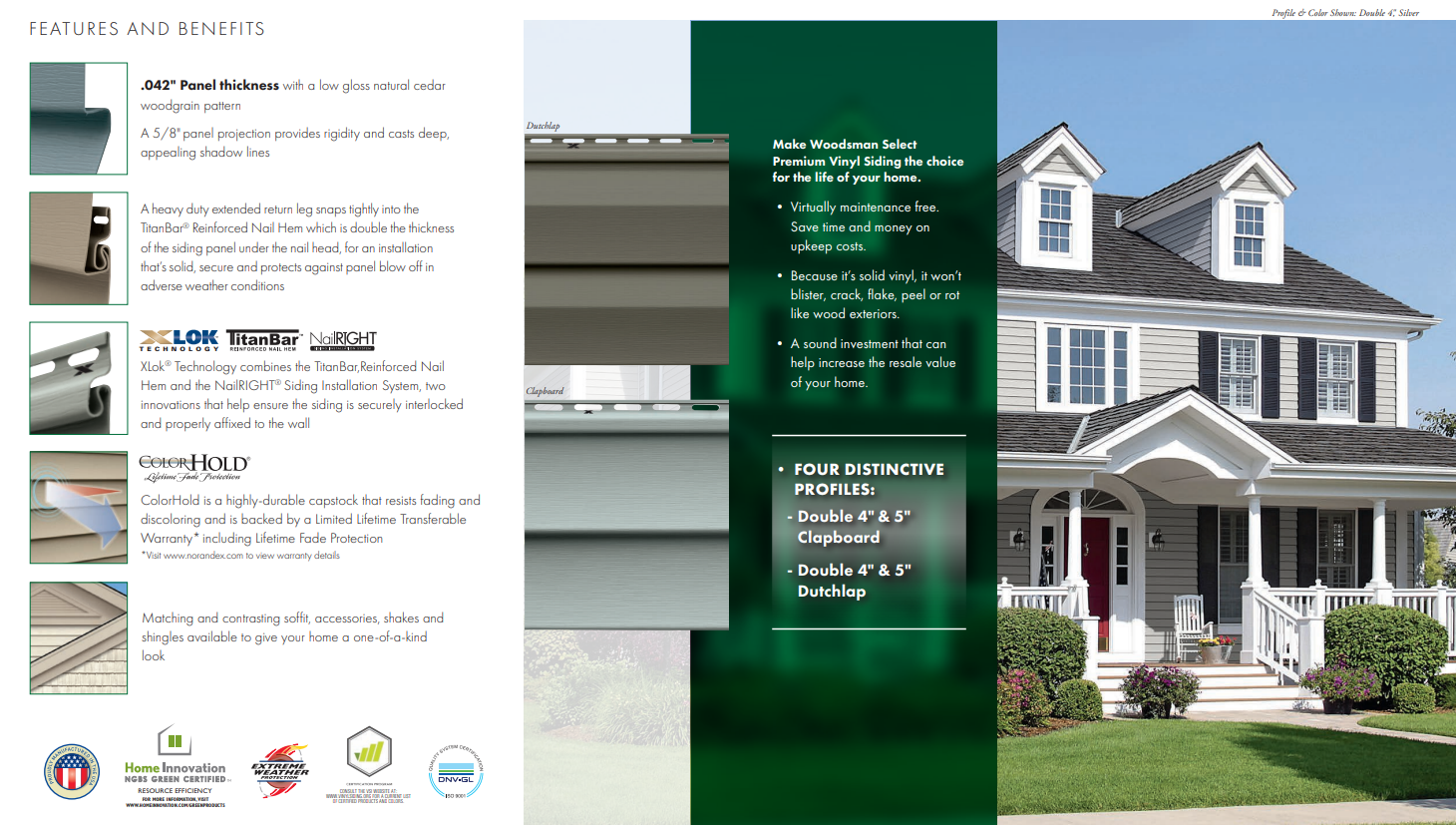 Real estate flyer with window/door samples and a large gray suburban house with white trim and front porch