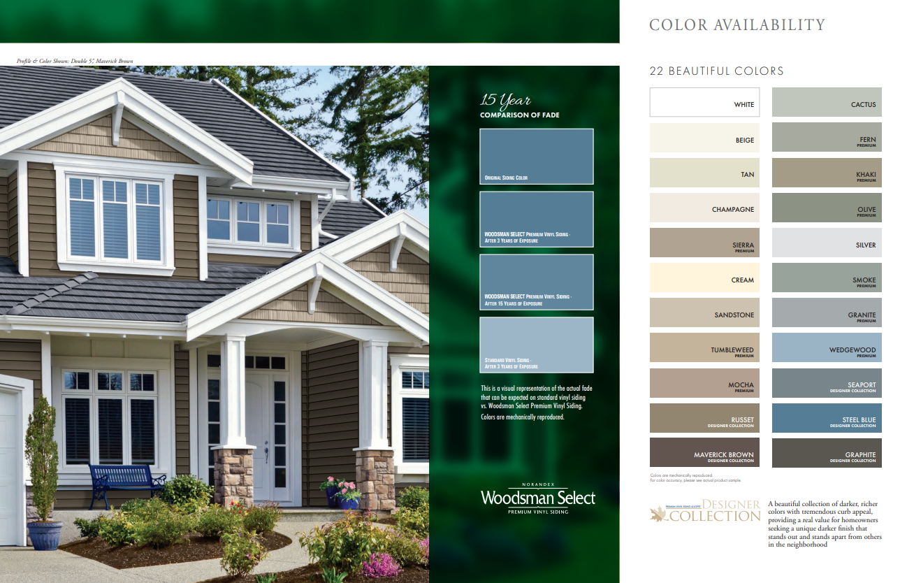 House exterior with gray-blue siding, white trim, and a paint color palette on the right.