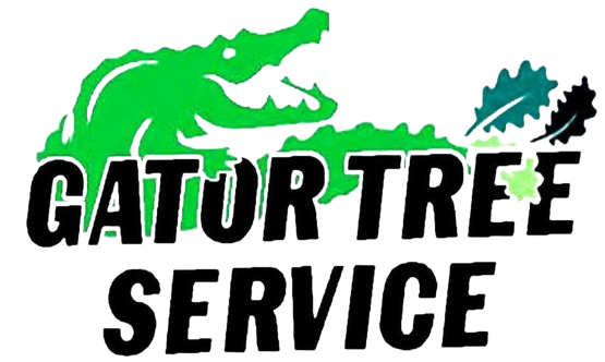 Gator Tree Service logo with green alligator, black text, and leaves.