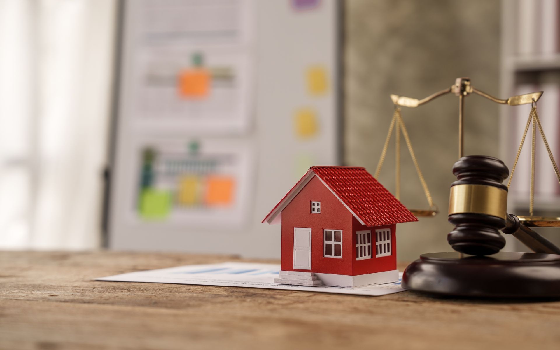 A small red house is sitting on top of a wooden table next to a judge 's gavel.