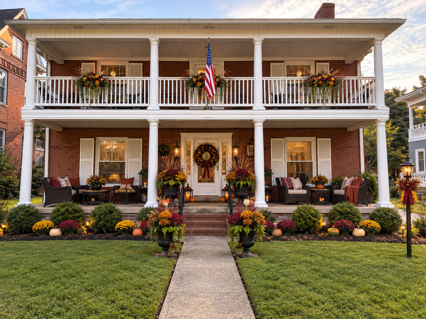 Two-story brick house with white porch railings, patriotic bunting, and flower beds along a front walkway