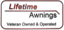 Logo for Lifetime Awnings. Features text "Lifetime Awnings", "Veteran Owned & Operated" in a brown and white box.