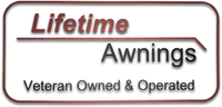 Logo for Lifetime Awnings. Features text "Lifetime Awnings", "Veteran Owned & Operated" in a brown and white box.