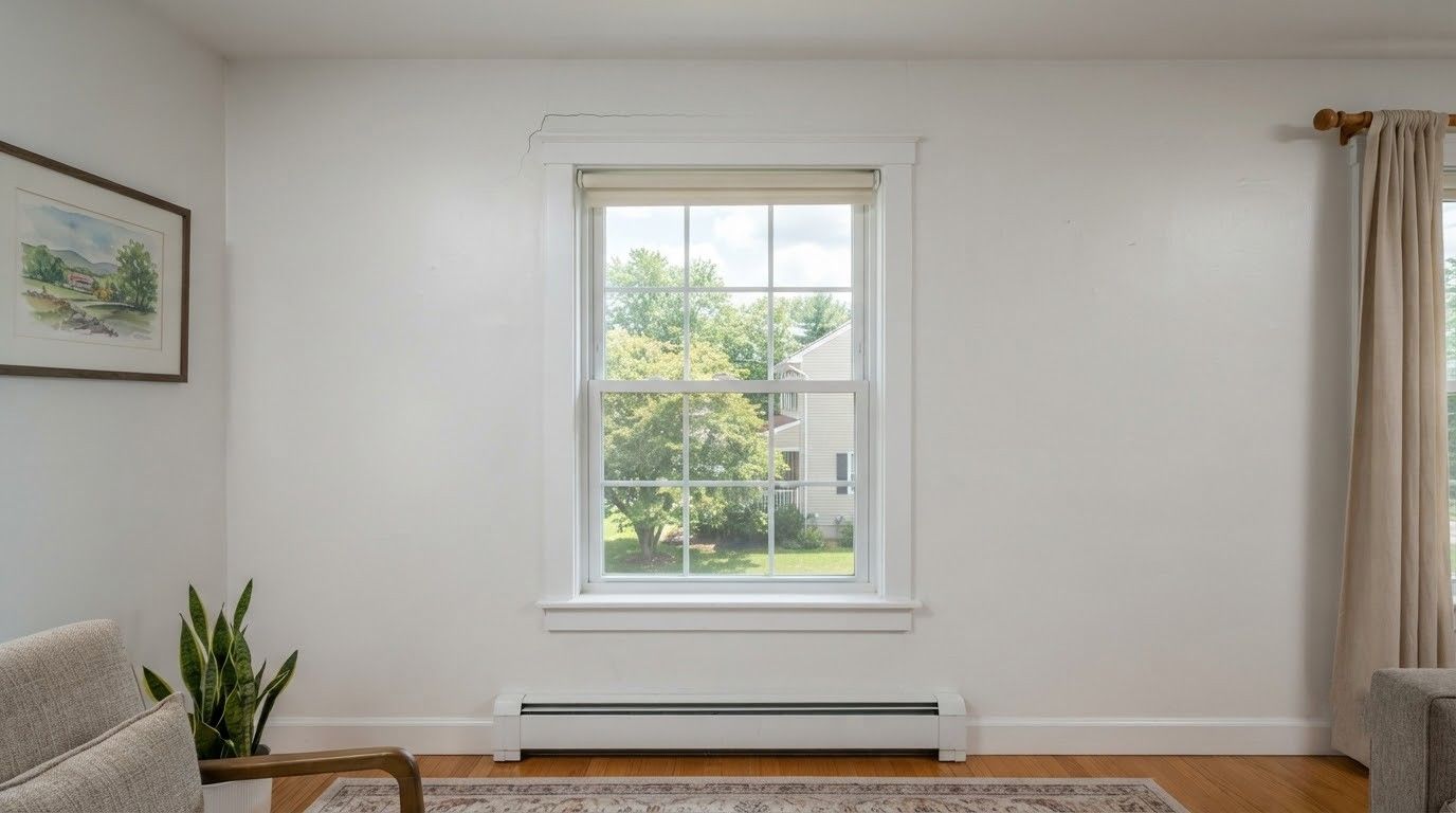 Minimal white room with a centered window, beige curtains, a radiator, plant, chair, and framed wall art