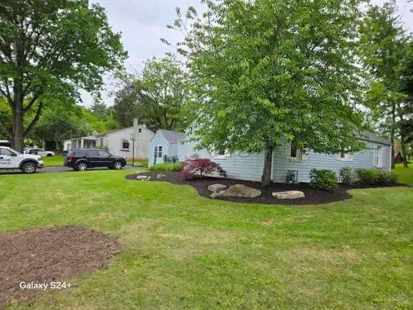 Tree-lined suburban yard with a white house, parked cars, and a red bush near the driveway.