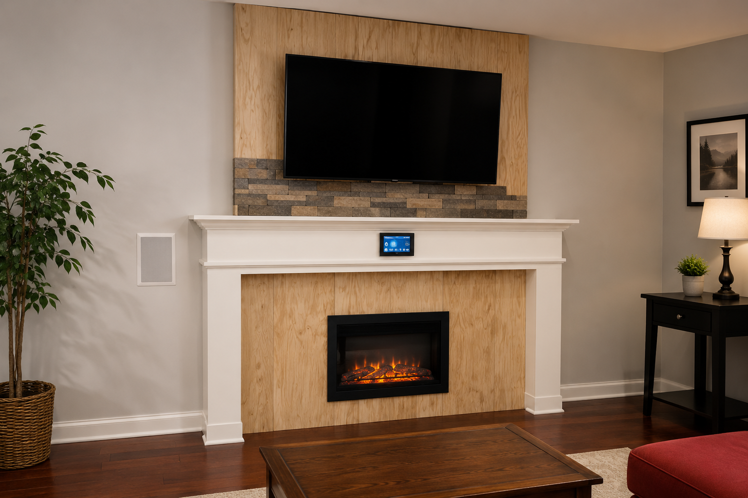 Living room with wall-mounted TV above a fireplace, wood accents, potted plant, and side table