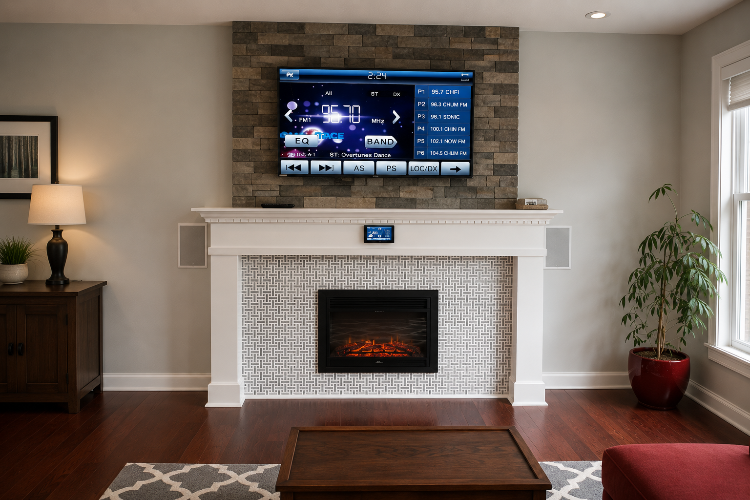Modern living room with a wall-mounted TV above a white fireplace and lit electric insert