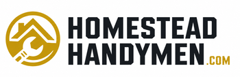 Homestead Handyman logo with house and wrench in blue and white, “The Trusted Resource” text around it