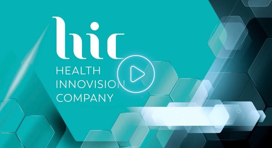 The logo for the health innovation company is on a blue background.