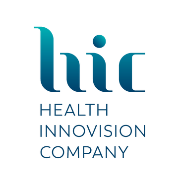 The logo for the health innovation company is blue and white.