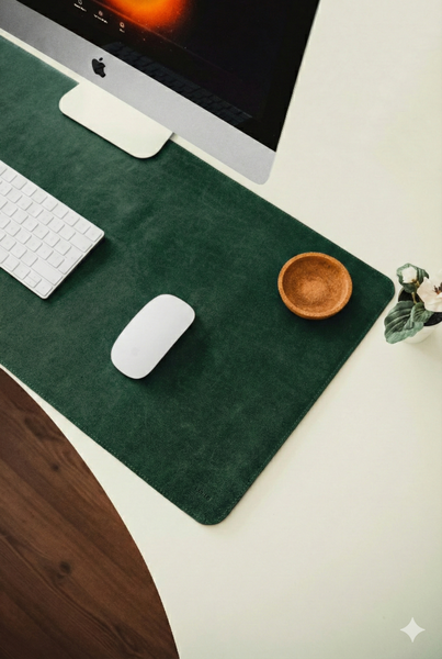 Skrifborð með iMac, lyklaborði, mús og lítilli skál á grænni filtmottu.
