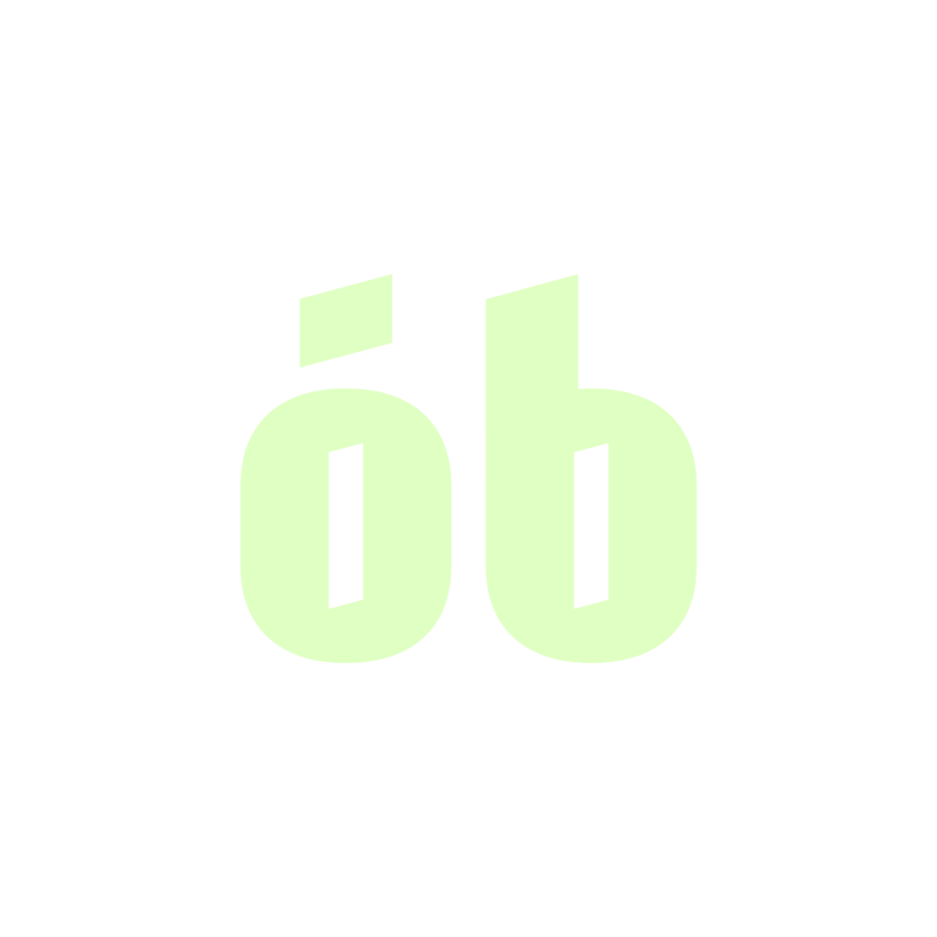 Ljósgrænir lágstafir „ob“ á hvítum bakgrunni