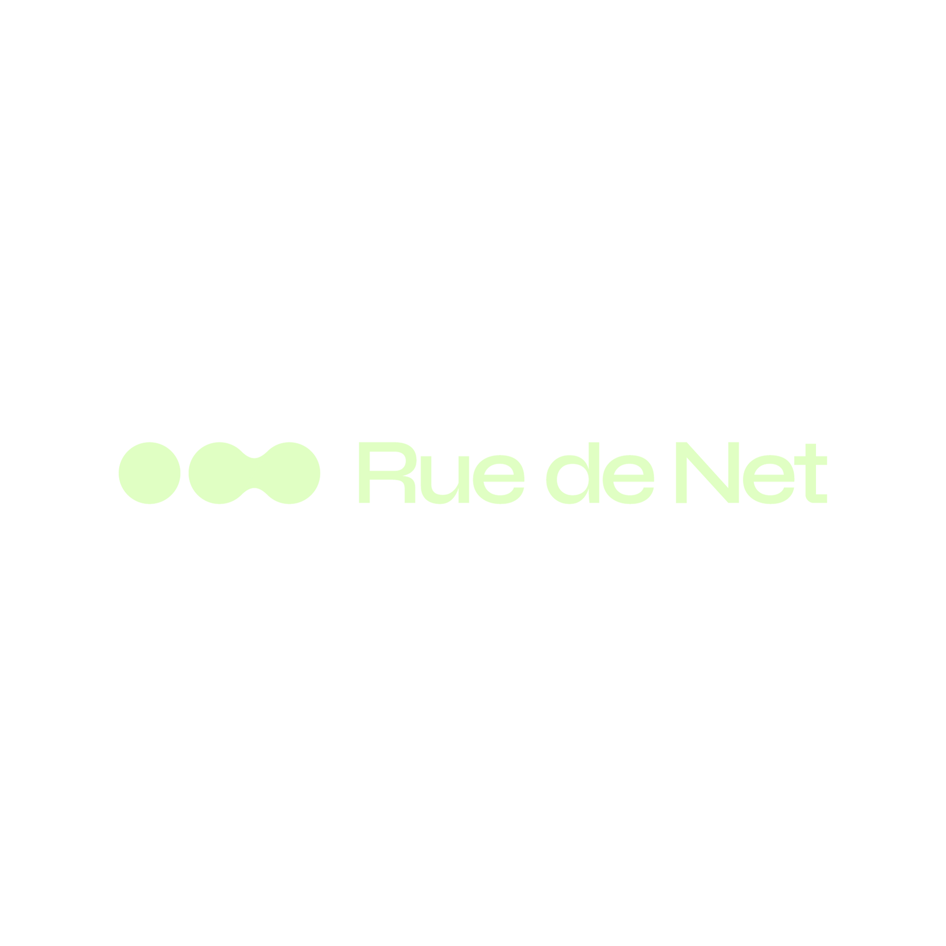 Ljósgrænt merki „Rue de Net“ með þremur punktum á hvítum bakgrunni