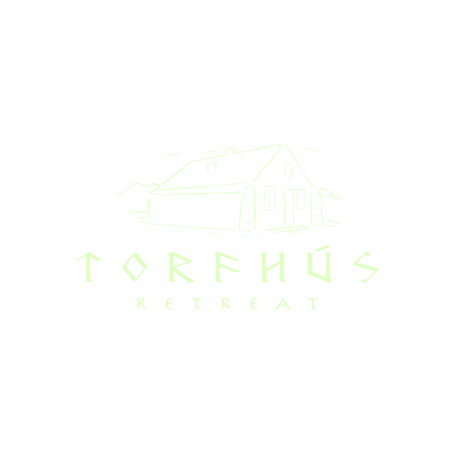 Mjög daufgrænt Torehu's Retreat merki með útlínum af fjalli og kofa á hvítum bakgrunni.