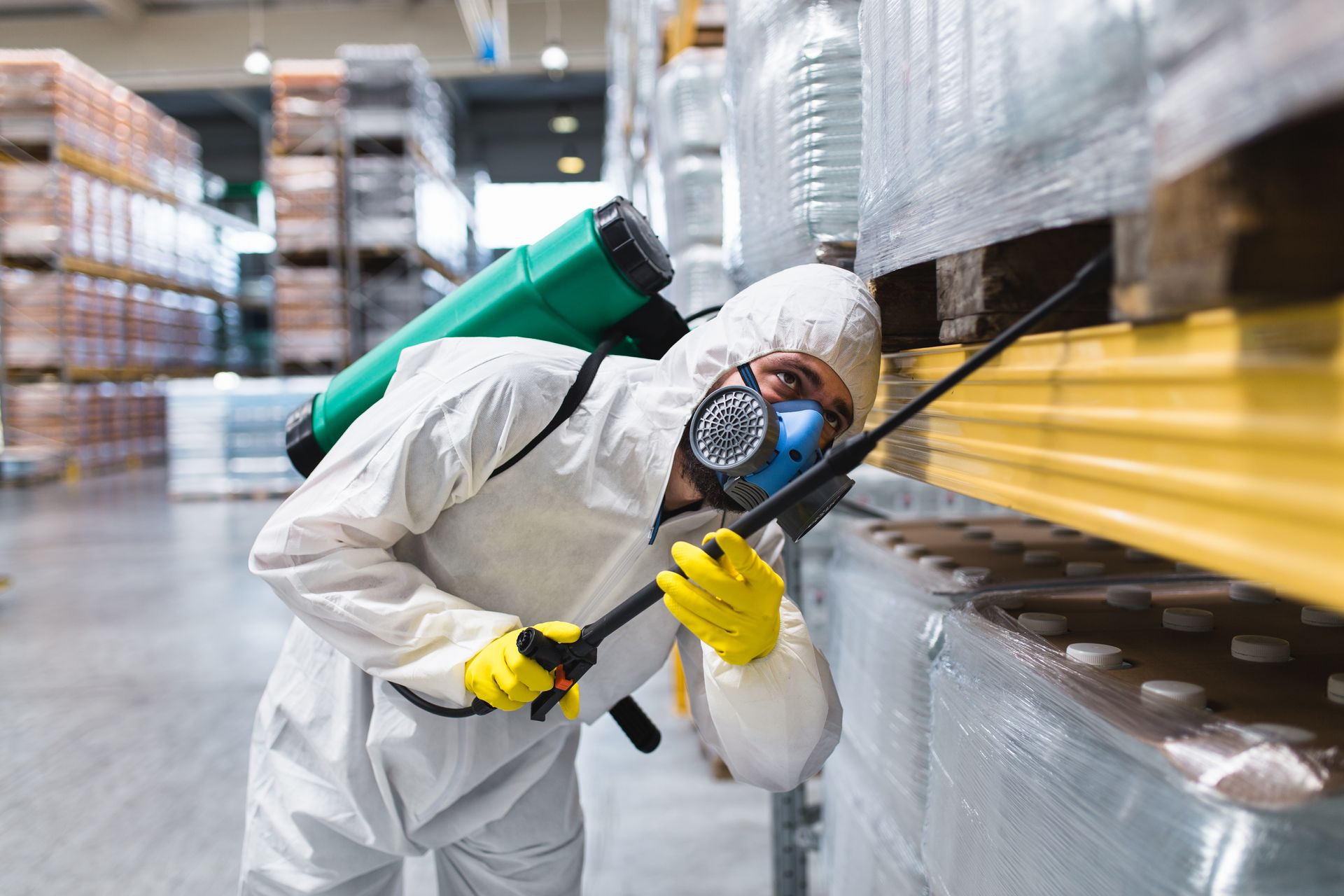 Person in protective suit spraying insecticide in a warehouse.