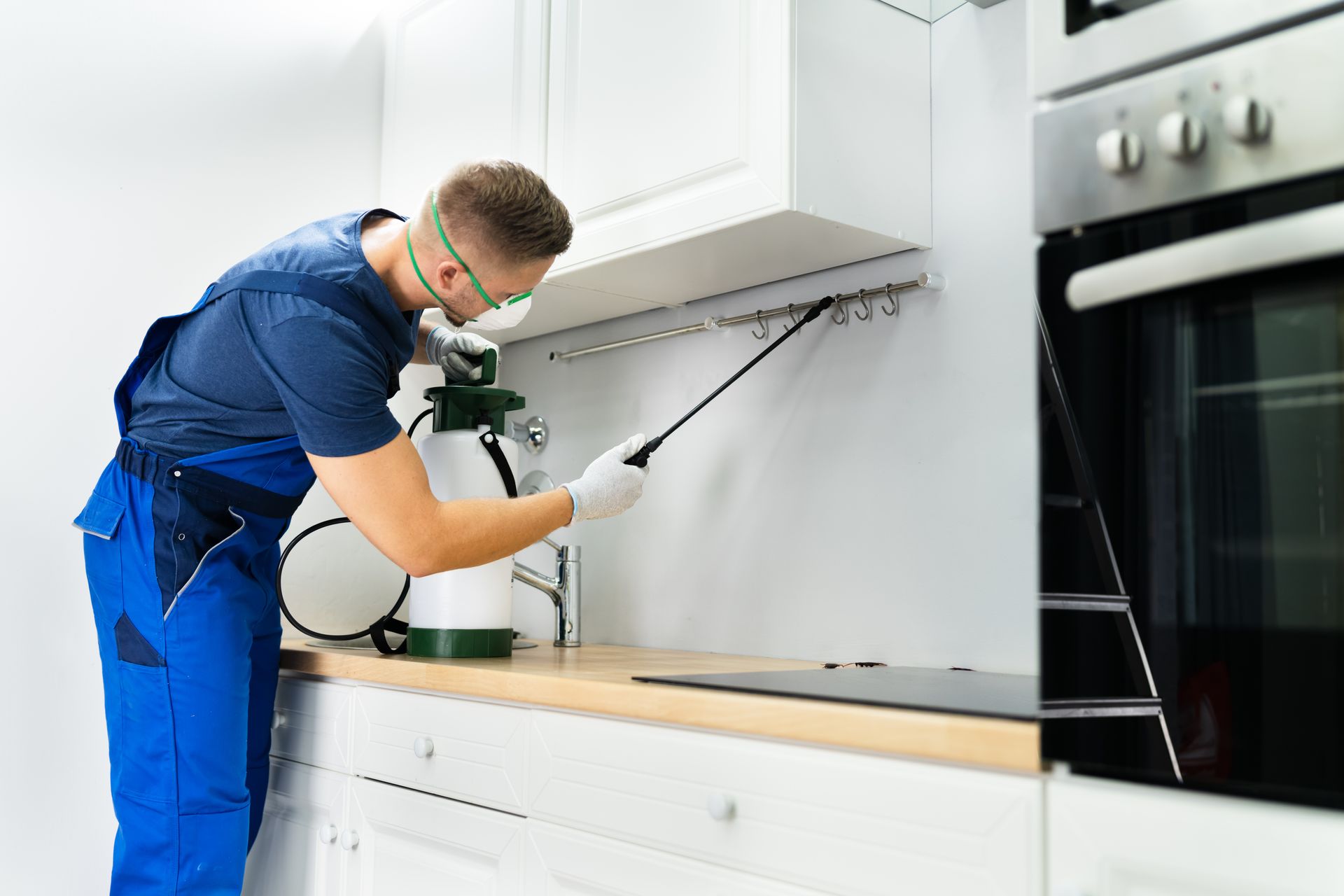 Pest control technician spraying insecticide in a white kitchen, wearing safety glasses and gloves. Pest control technician spraying insecticide in a white kitchen, wearing safety glasses and gloves.