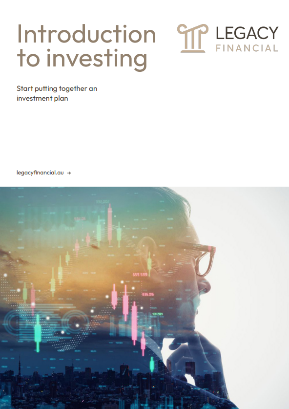 Cover page titled “Introduction to Investing” with Legacy Financial logo and city skyline silhouette over a person’s profile.