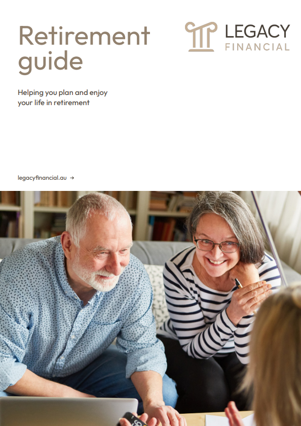 Retirement guide cover with smiling people reviewing plans in a bright office setting