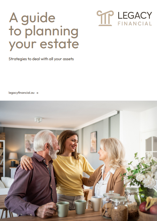 Legacy Financial brochure cover with text “A guide to planning your estate” above a family at a dining table