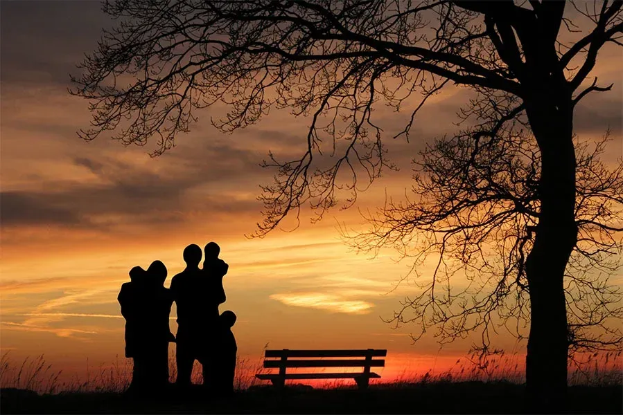 Silhouette of family near a tree and bench at sunset, orange and purple sky in background.