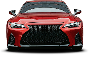 A bright red Lexus luxury sedan, front-facing view, showcasing its signature spindle grille and angular headlights.