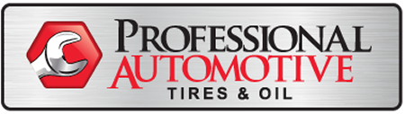 Professional Automotive Tires & Oil logo: silver rectangular sign with red wrench icon and black and red text.