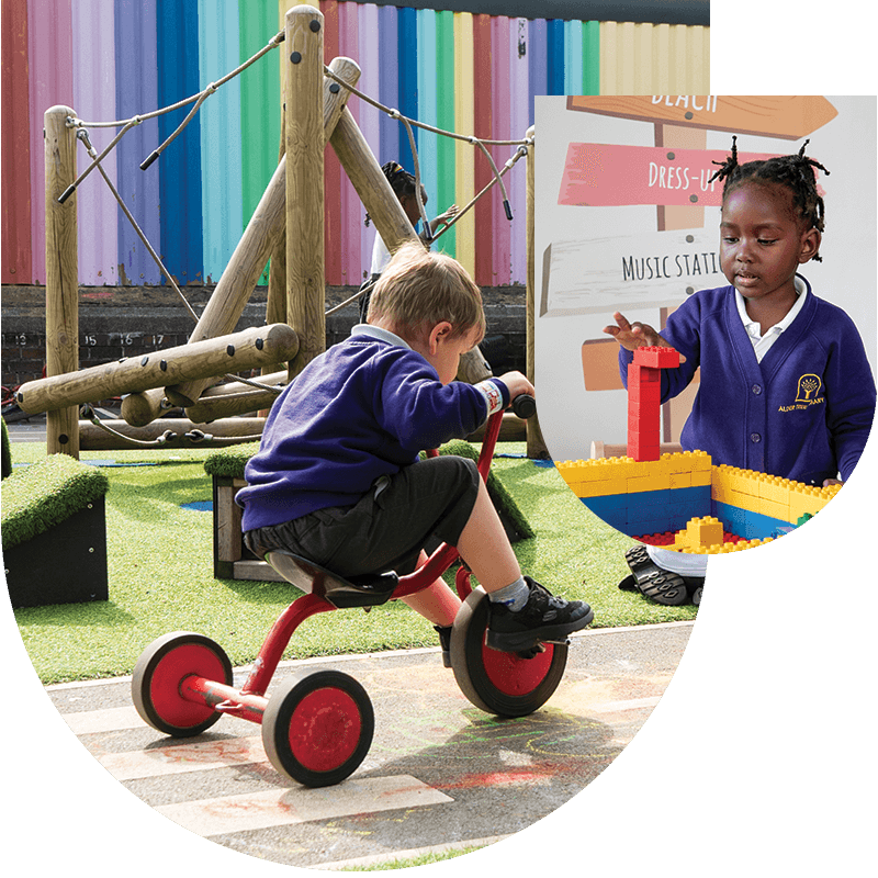 A boy is riding a tricycle next to a girl playing with a boat.