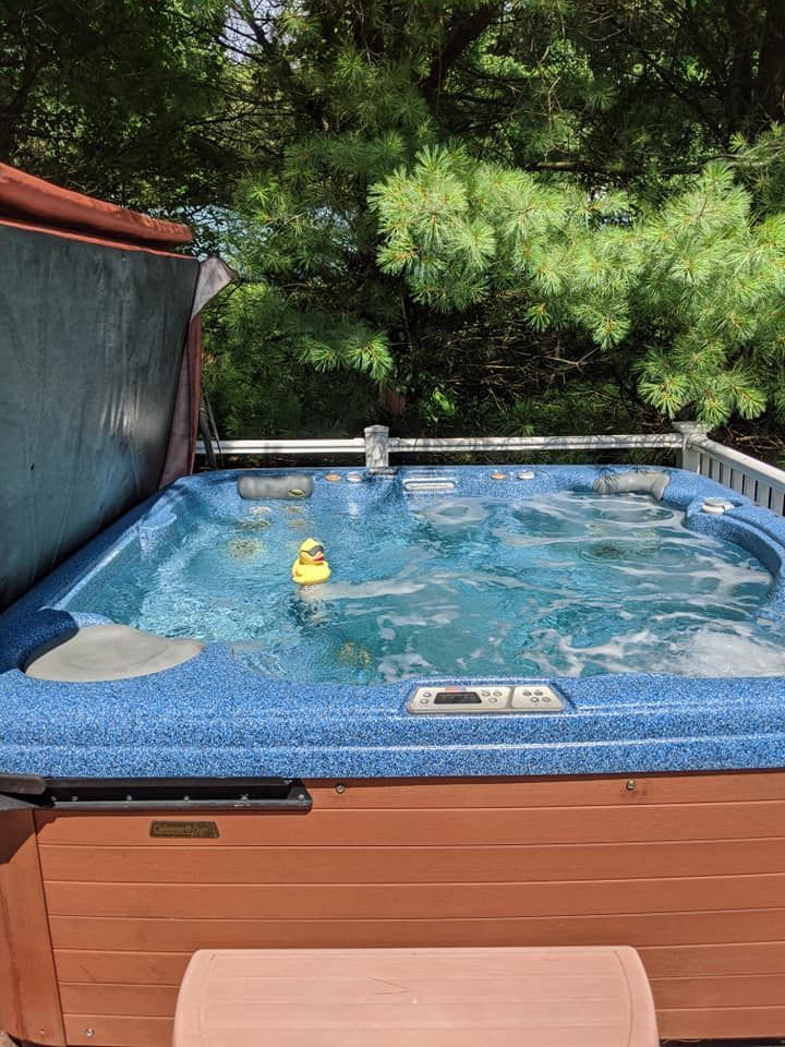 Backyard hot tub with blue water and a yellow duck float, surrounded by greenery and a wooden deck
