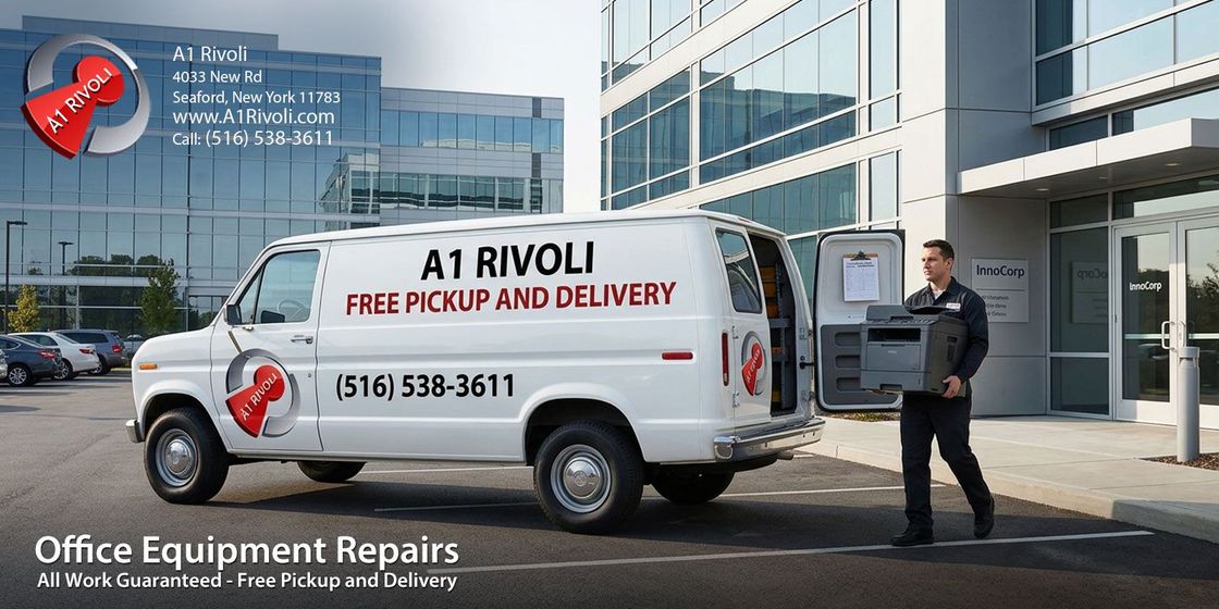 AI RIVOLI office equipment repair van parked outside the office building, worker loading a copier