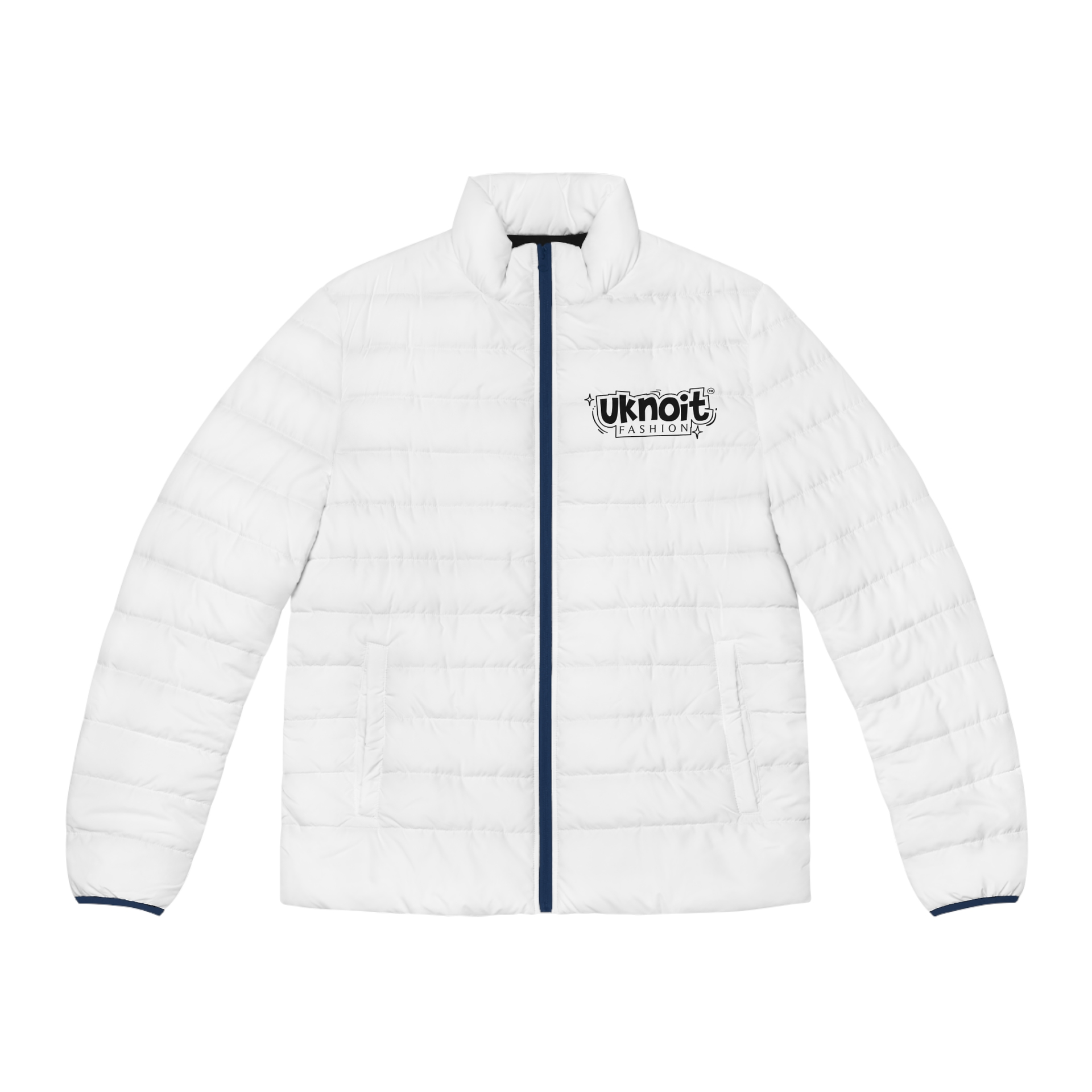A white padded jacket with a blue stripe on the sleeves