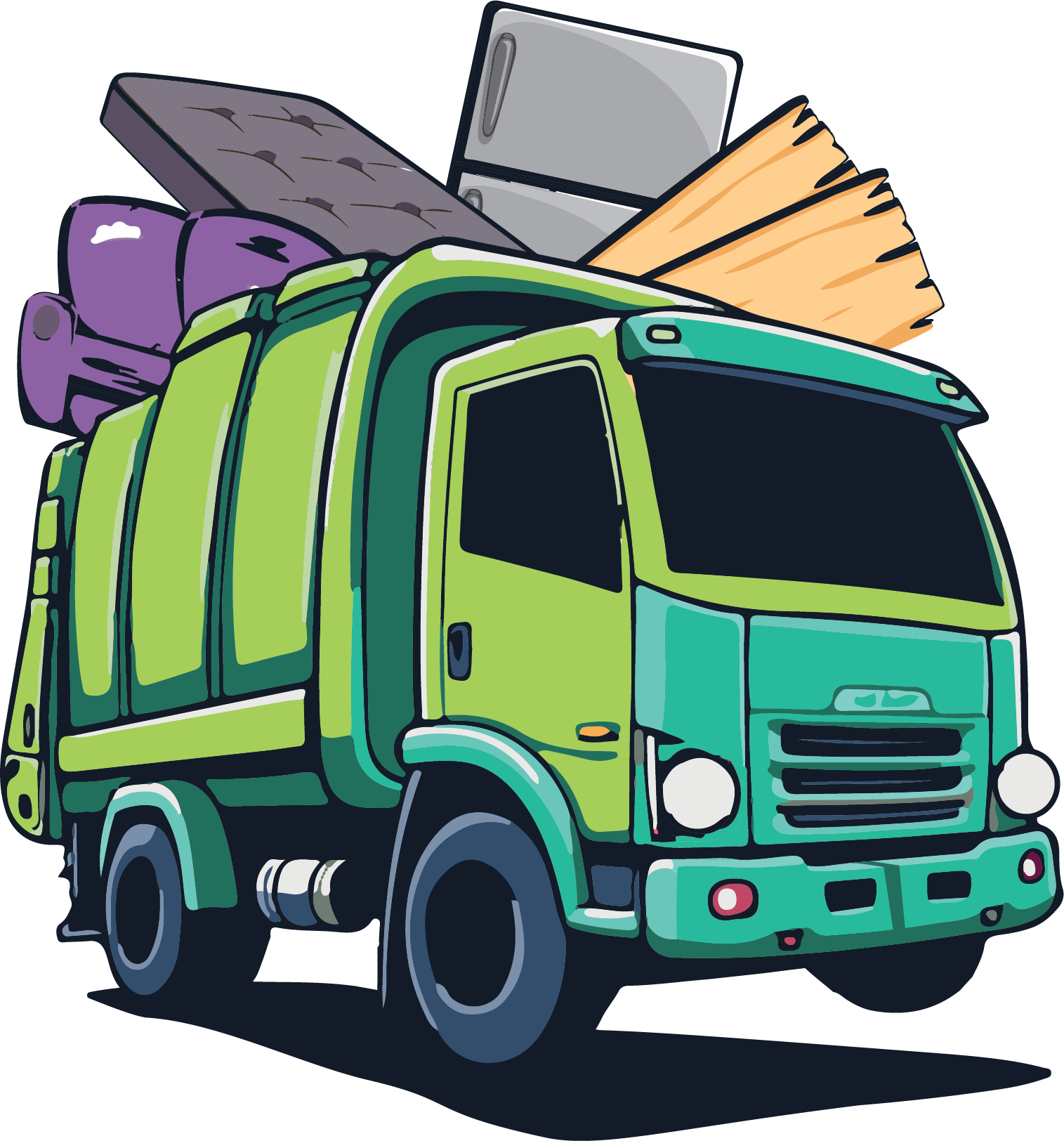 Green garbage truck loaded with trash bins, boxes, and sacks on top.