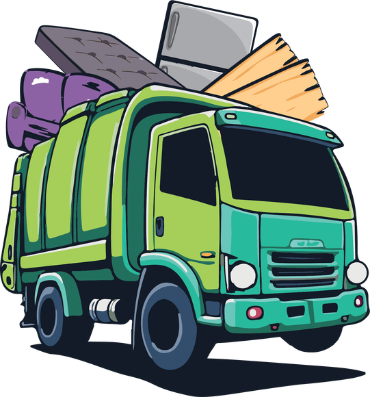 Green garbage truck loaded with bags, boxes, and cardboard, shown on a white background