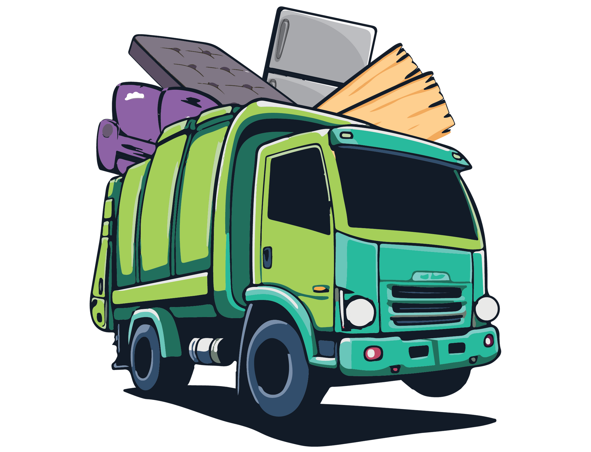Green garbage truck carrying trash bags, boxes, and wood debris