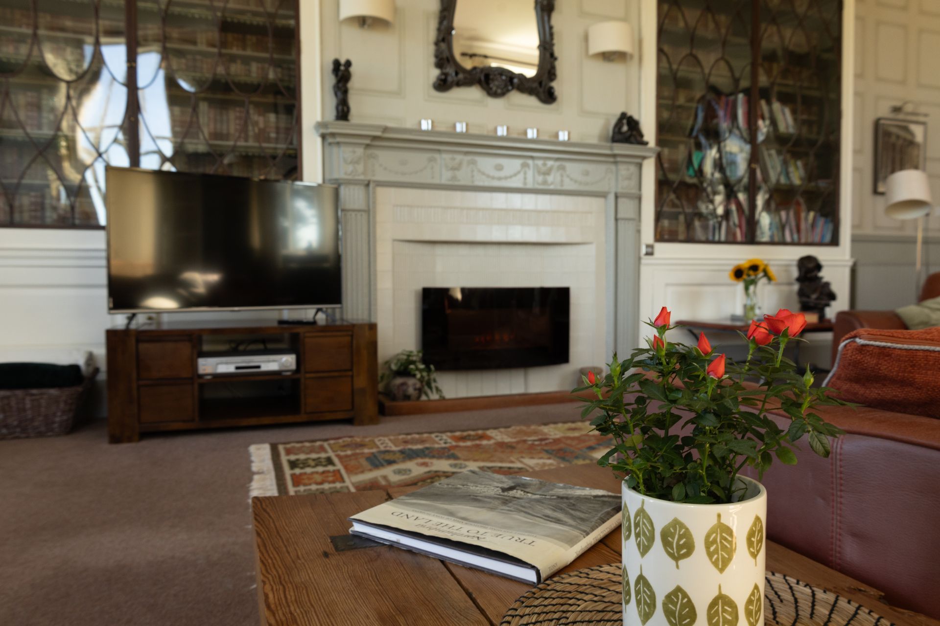 Cozy living room with fireplace, TV, coffee table, and potted flowers in the foreground