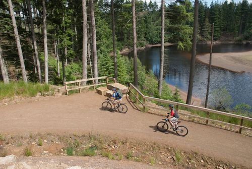 Two cyclists ride on a dirt path beside a lake in a wooded area.