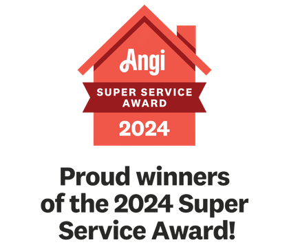 Angi Super Service Award 2024 badge with red house icon. Text: