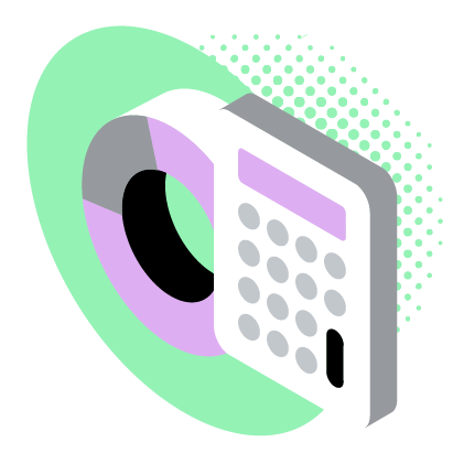 Isometric calculator icon with a donut chart, on a light green background with halftone pattern.