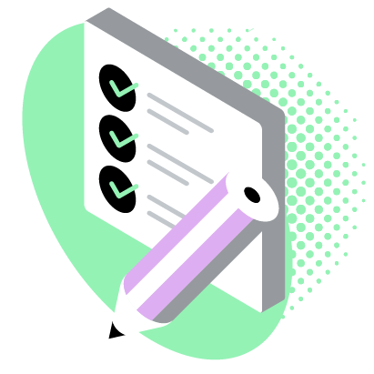 Checklist with three checked items and a pencil, set against a green background with halftone dots.